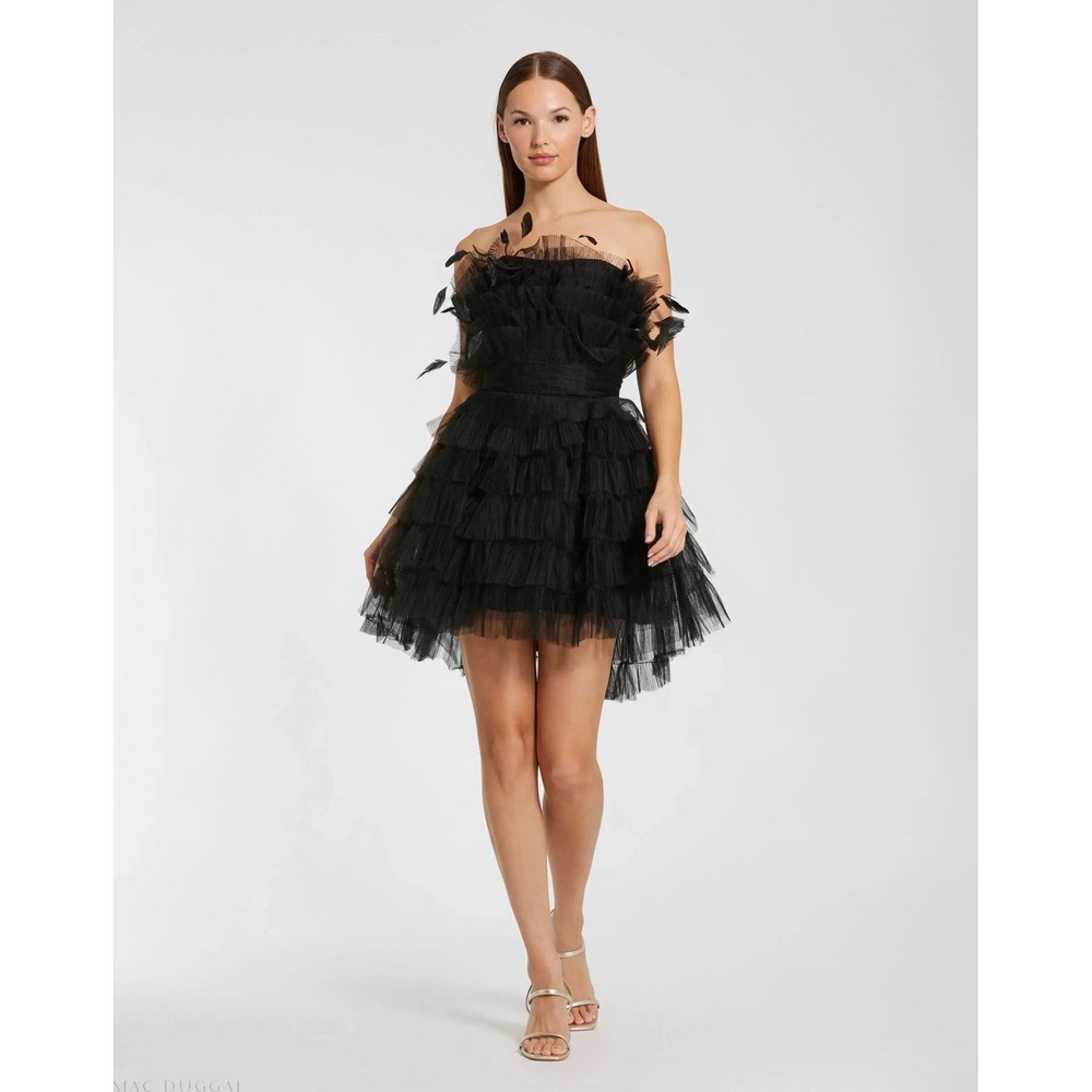 Mac Duggal 20529 Feathered Strapless Tulle Fit  Flare Dress Black Swan Sz. 6 NWT